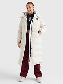 beige alaska long puffer coat for women tommy jeans