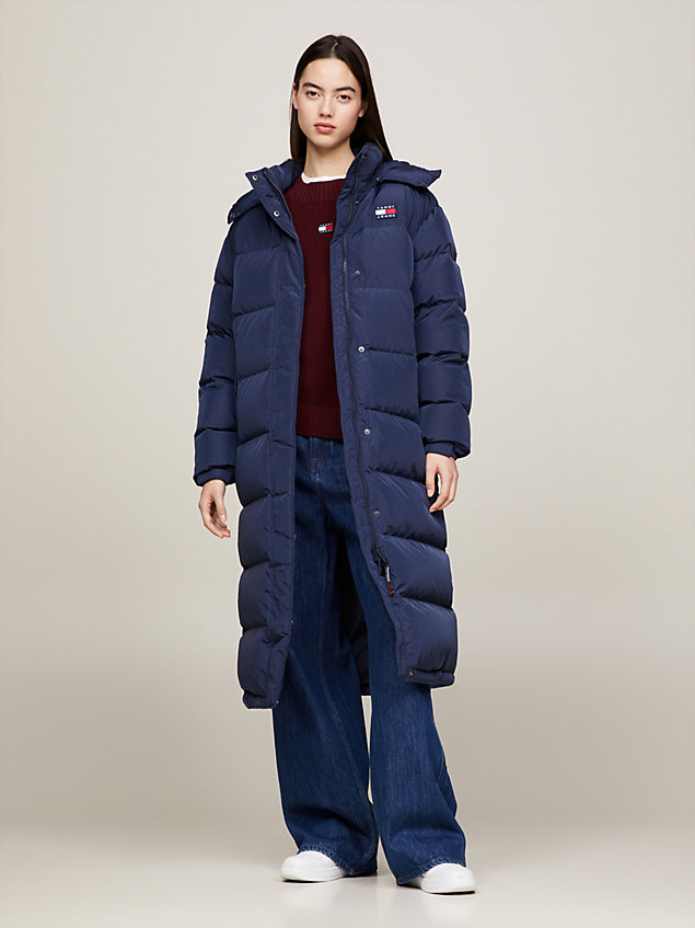 blue maxi length alaska puffer coat for women tommy jeans