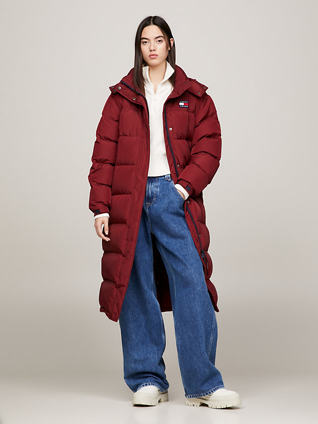 red maxi length alaska puffer coat for women tommy jeans