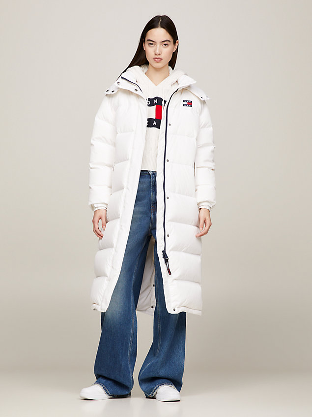 white maxi length alaska puffer coat for women tommy jeans