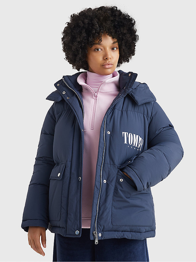blue recycled hooded oversized puffer jacket for women tommy jeans