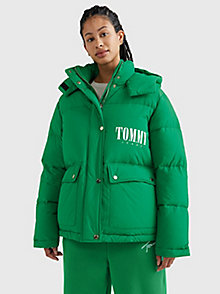 green recycled hooded oversized puffer jacket for women tommy jeans