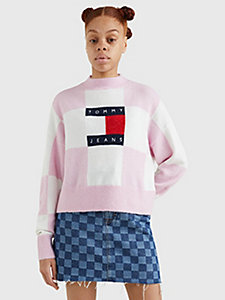 розовый свободный свитер с узором checkerboard и флагом для женщины - tommy jeans