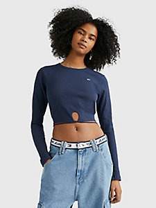 blue cropped fit long sleeve strap t-shirt for women tommy jeans