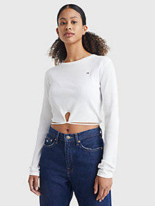 white cropped fit long sleeve strap t-shirt for women tommy jeans