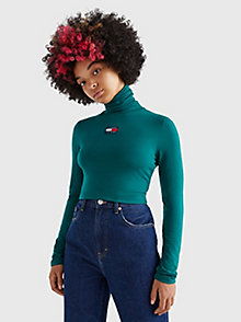 green slim fit badge turtleneck jumper for women tommy jeans
