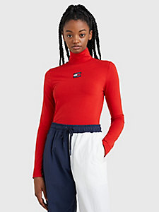 rot slim fit rollkragenpullover mit badge für damen - tommy jeans