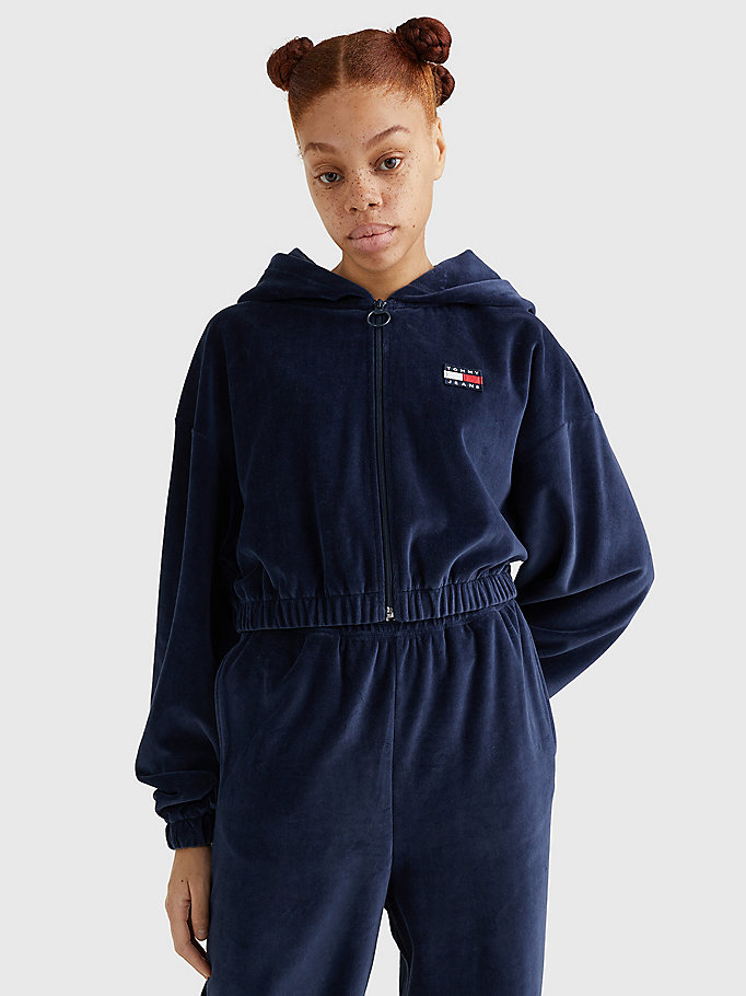 blue velour super cropped fit zip-thru hoody for women tommy jeans