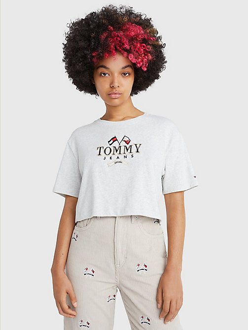 grau modern super cropped fit t-shirt mit logo für damen - tommy jeans