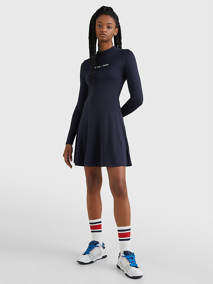 blue serif logo fit and flare dress for women tommy jeans
