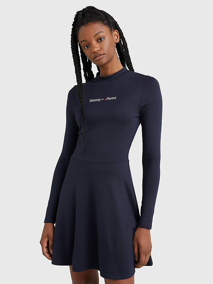 blue serif logo fit and flare dress for women tommy jeans
