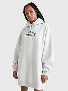 grau hoodie-kleid mit aufgesticktem logo für damen - tommy jeans