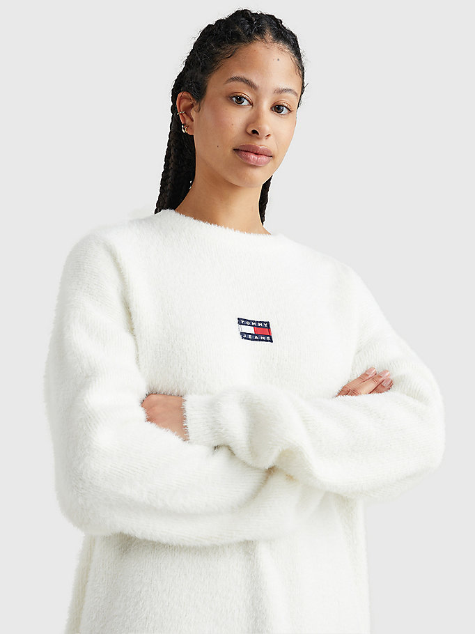 white logo furry sweater dress for women tommy jeans