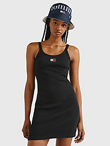 black ribbed strappy bodycon mini dress for women tommy jeans
