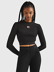 black ribbed cropped long sleeve t-shirt for women tommy jeans