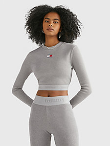 grey ribbed cropped long sleeve t-shirt for women tommy jeans