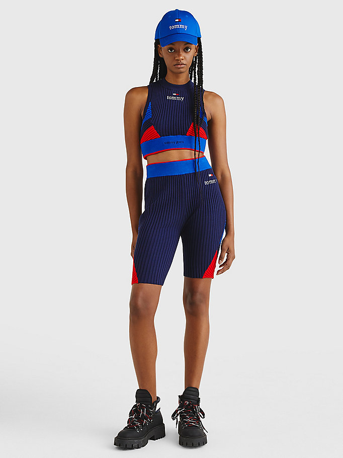 blue knitted cycling shorts for women tommy jeans