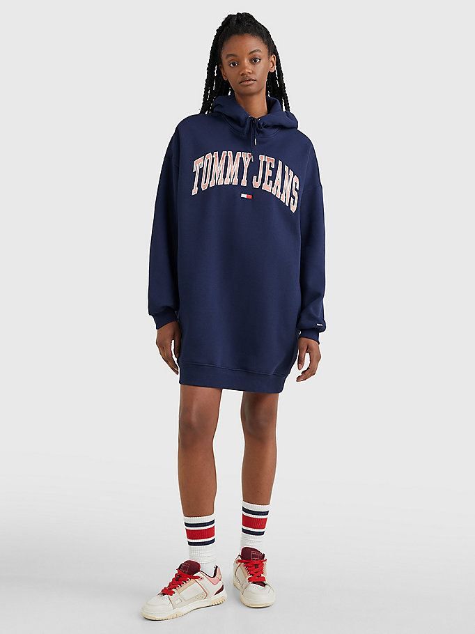 blauw college sweaterjurk met hoodie en logo voor dames - tommy jeans