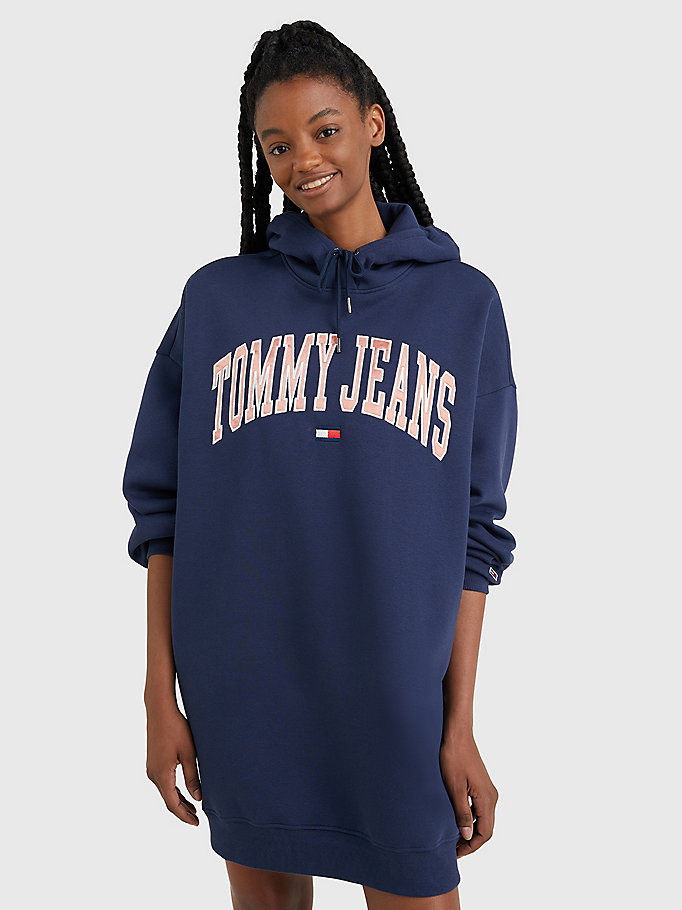 blauw college sweaterjurk met hoodie en logo voor dames - tommy jeans