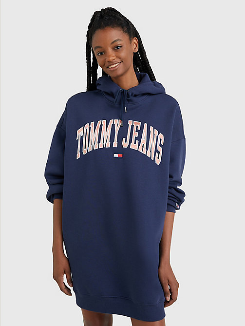 blau college hoodie-kleid mit logo für damen - tommy jeans