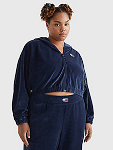 blue curve velour super cropped fit zip-thru hoody for women tommy jeans