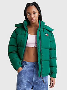 зеленый пуховик alaska с капюшоном и эмблемой tommy для женщины - tommy jeans