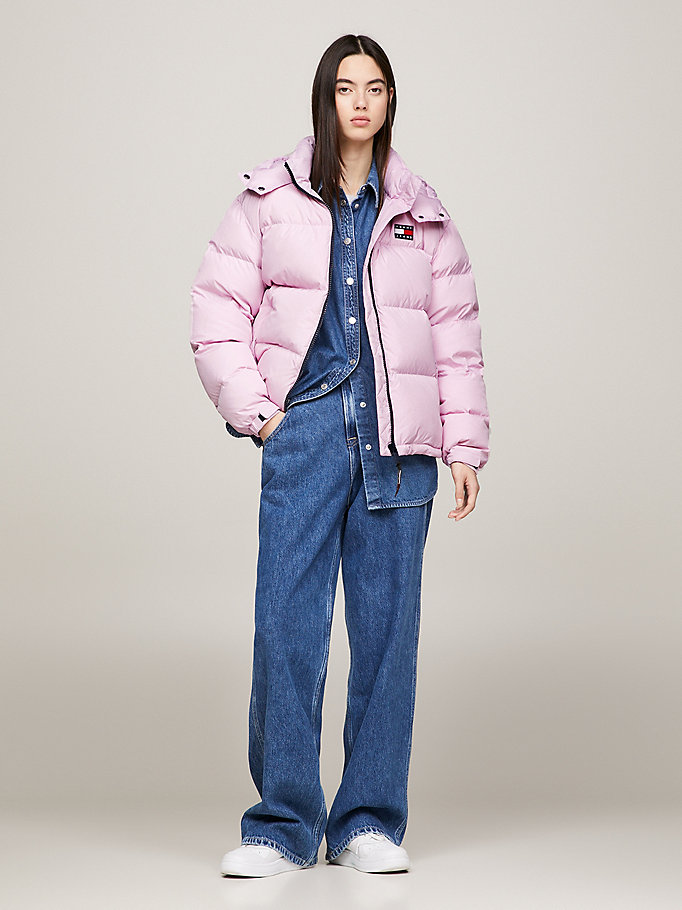 pink badge hooded alaska puffer for women tommy jeans