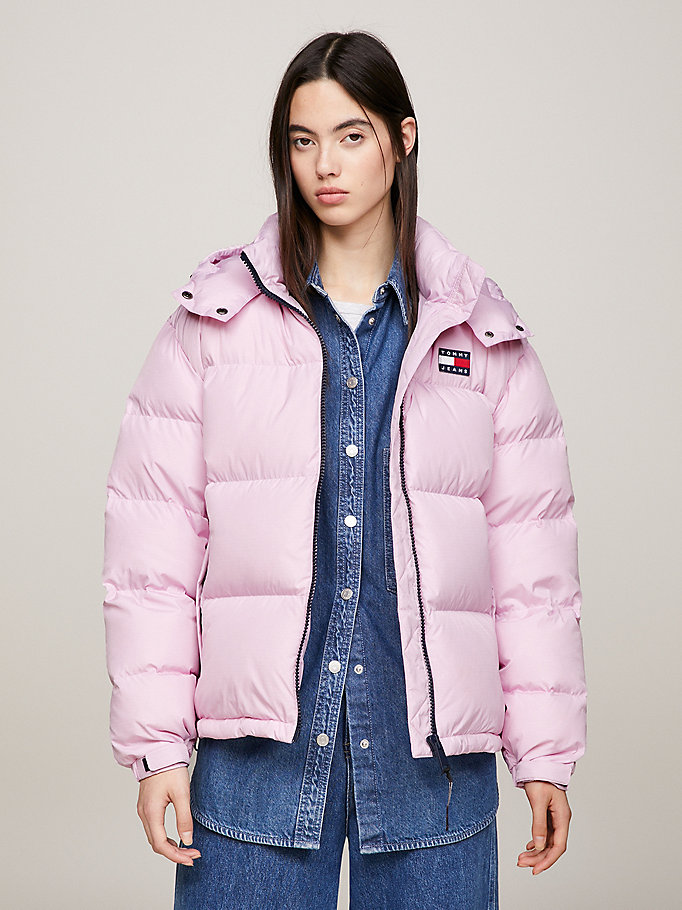 pink badge hooded alaska puffer for women tommy jeans