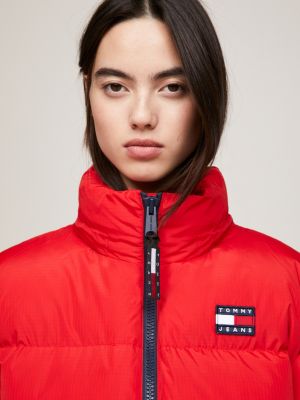 Tommy Hilfiger Denim Down Puffer Jacket Detachable Hood in Red