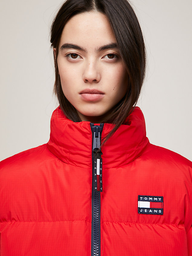 red hooded alaska puffer jacket for women tommy jeans