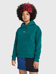 grün fleece-hoodie mit tommy-badge für damen - tommy jeans