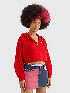 sweat à capuche court zippé à badge rouge pour femmes tommy jeans