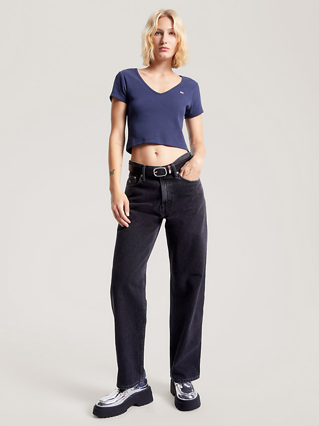 blue essential ribbed v-neck cropped t-shirt for women tommy jeans