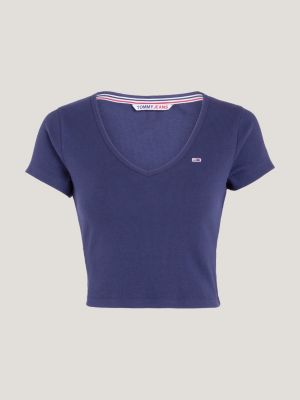 blue essential ribbed v-neck cropped t-shirt for women tommy jeans