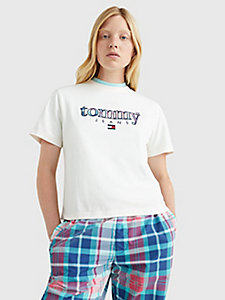 weiß classic fit t-shirt mit schottenkaro-logo für damen - tommy jeans