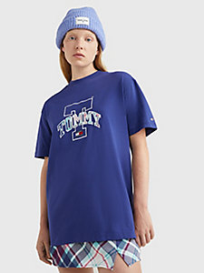 blau oversized fit t-shirt mit schottenkaro-logo für damen - tommy jeans