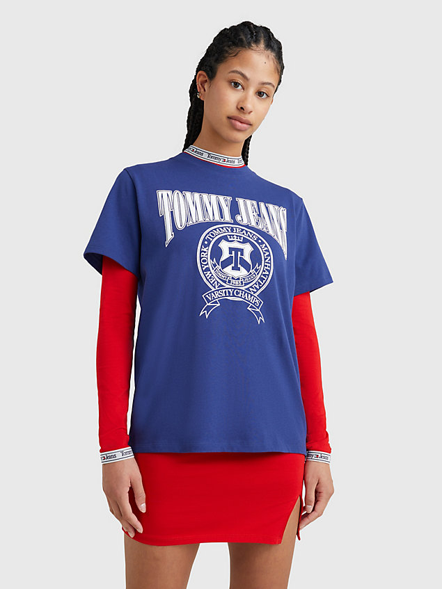 blue relaxed fit t-shirt in varsity-stijl voor dames - tommy jeans