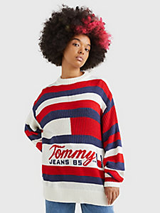 weiß pullover mit color block-design und logo für damen - tommy jeans