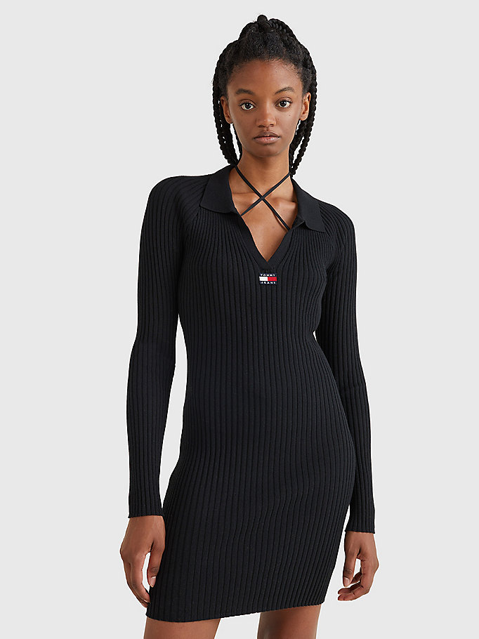 Badge Rib Knit V-Neck Sweater Dress | Black | Tommy Hilfiger