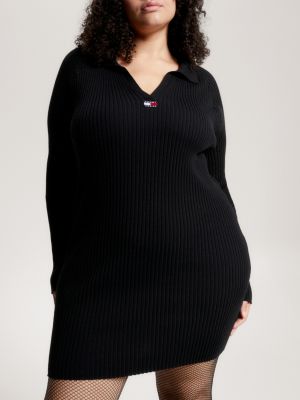 Curve Badge Rib Knit V-Neck Sweater Dress | Black | Tommy Hilfiger