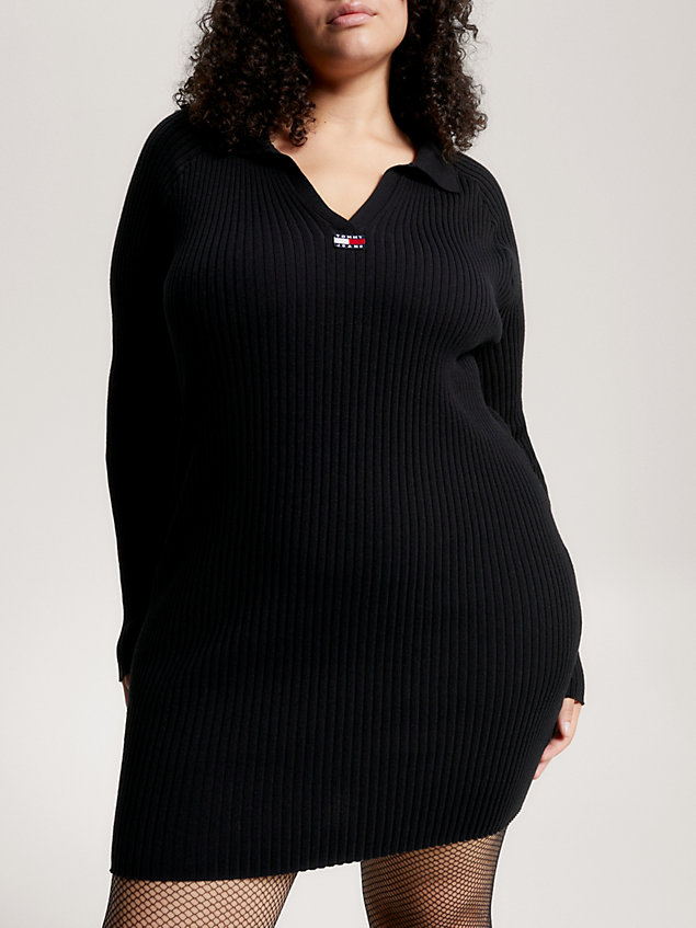 black curve badge rib knit v-neck sweater dress for women tommy jeans