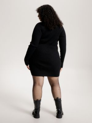 Curve Badge Rib Knit V-Neck Sweater Dress | Black | Tommy Hilfiger | Rundhalsshirts