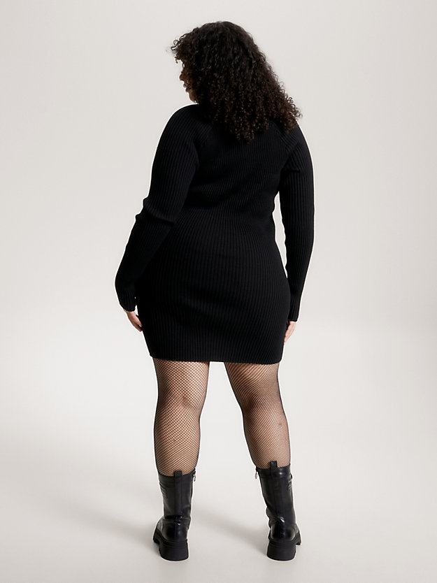 Curve Badge Rib Knit V-Neck Sweater Dress | Black | Tommy Hilfiger