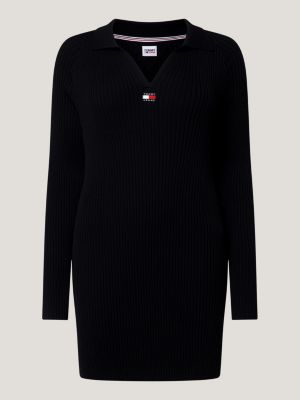 Curve Badge Rib Knit V-Neck Sweater Dress | Black | Tommy Hilfiger