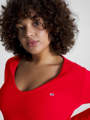red curve essential geripptes langarm-crop top für damen - tommy jeans