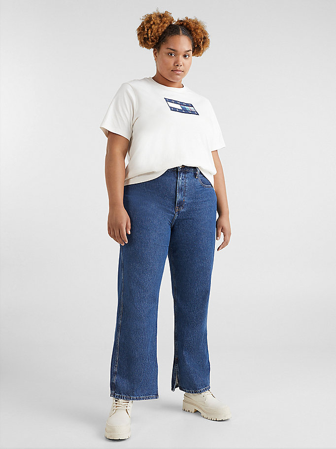 wit curve t-shirt met tommy-tartanlogo voor dames - tommy jeans