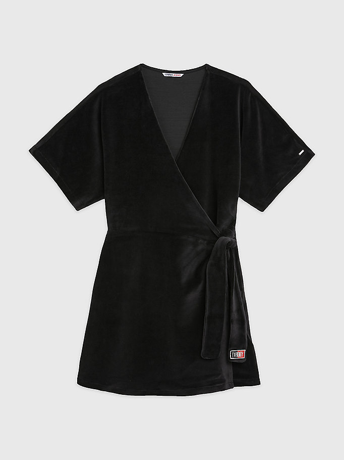robe portefeuille courte exclusive en velours noir pour femmes tommy jeans