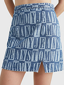 minigonna in denim con stampa spell out blu da donna tommy jeans
