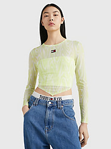 green swirl print mesh long sleeve top for women tommy jeans
