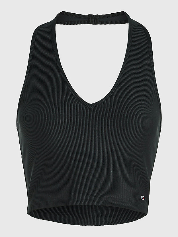 BLACK Fitted Rib Knit Halter Neck Top for women TOMMY JEANS